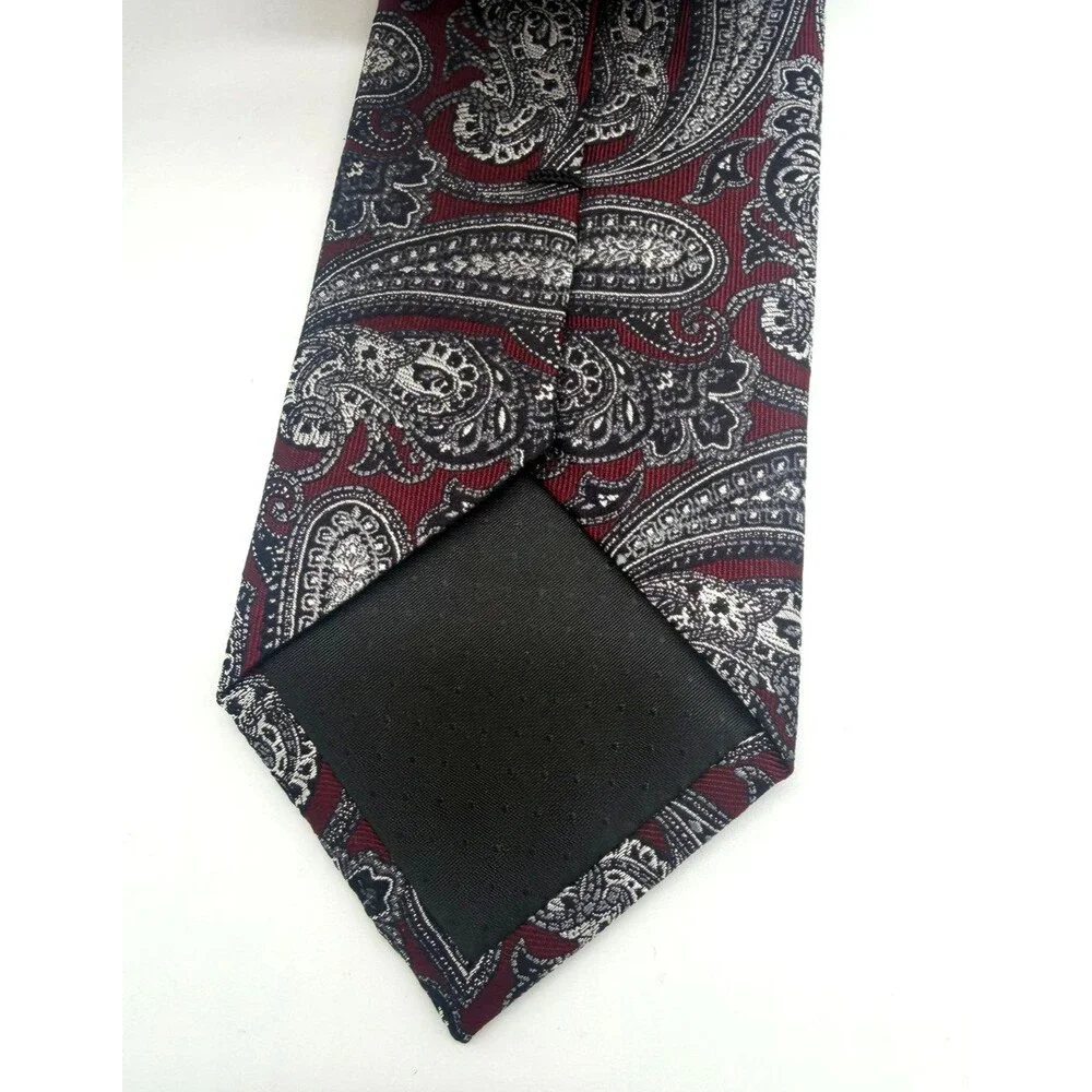 Pronto Uomo Silk Tie Burgundy Red Silver Grey Bold Jacquard Woven Paisley Mens